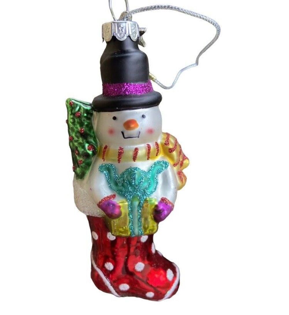 Glassworks Collection Hand blown glass Snowman in a Stocking Ornament NWTS